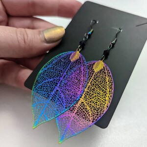 Cherry Tree Leaf Geometric Metallic Filigree Earrings with Custom Crystals: Electroplated Stainless Steel Rainbow Chrome image 4