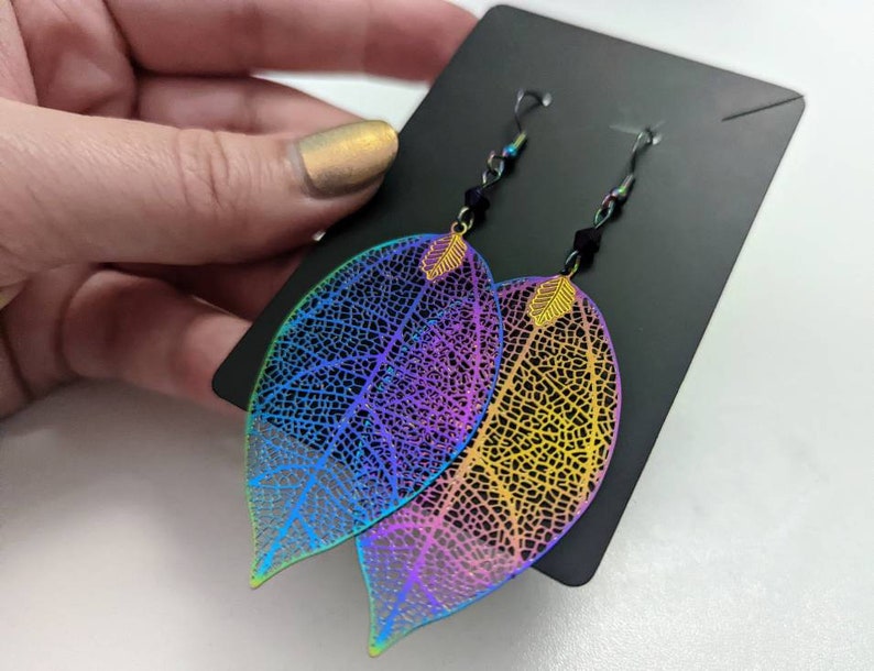 Cherry Tree Leaf Geometric Metallic Filigree Earrings with Custom Crystals: Electroplated Stainless Steel Rainbow Chrome image 4