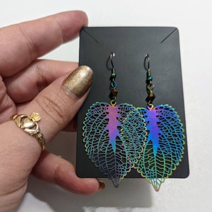 Rose Leaf Geometric Metallic Filigree Earrings with Custom Crystals: Electroplated Stainless Steel Rainbow Chrome image 3