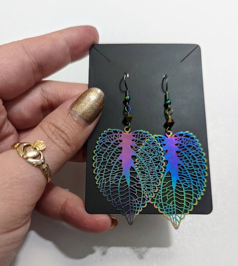 Rose Leaf Geometric Metallic Filigree Earrings with Custom Crystals: Electroplated Stainless Steel Rainbow Chrome image 3