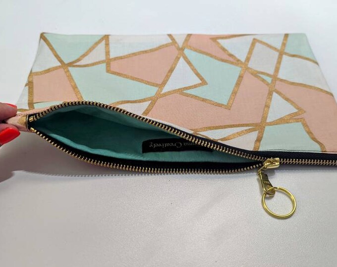 The Perfect Adventure Travel Zip Pouch: Geometric Design Large Lined Cotton Bag with Metal Zipper in Rose Gold/Mint