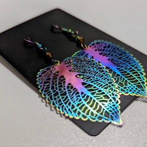 Rose Leaf Geometric Metallic Filigree Earrings with Custom Crystals: Electroplated Stainless Steel Rainbow Chrome image 2