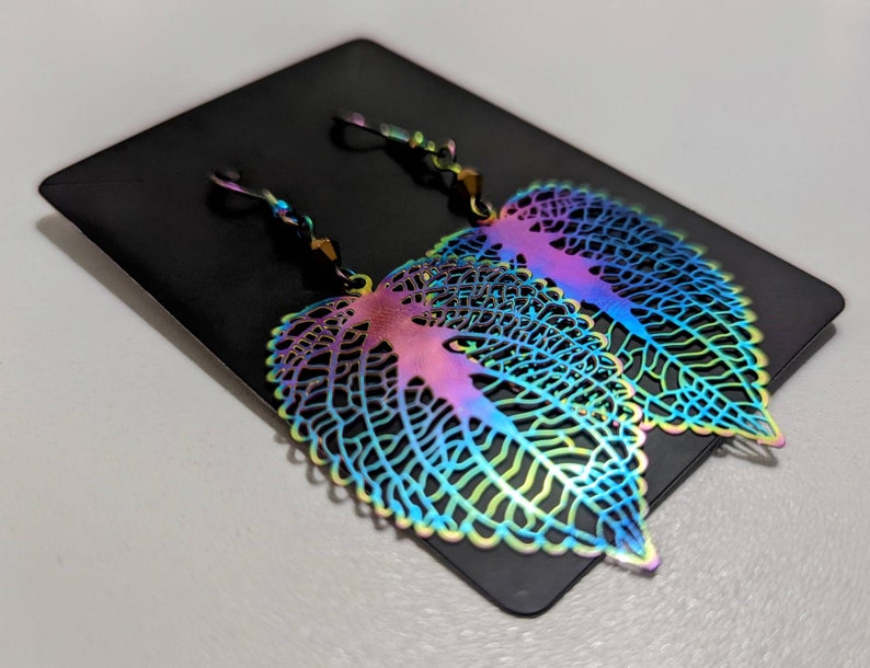 Rose Leaf Geometric Metallic Filigree Earrings with Custom Crystals: Electroplated Stainless Steel Rainbow Chrome image 2