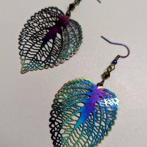 Rose Leaf Geometric Metallic Filigree Earrings with Custom Crystals: Electroplated Stainless Steel Rainbow Chrome image 5