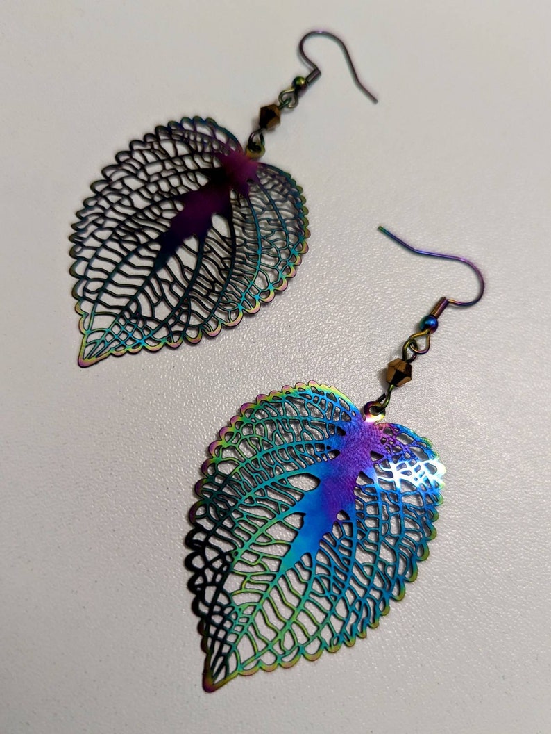 Rose Leaf Geometric Metallic Filigree Earrings with Custom Crystals: Electroplated Stainless Steel Rainbow Chrome image 5