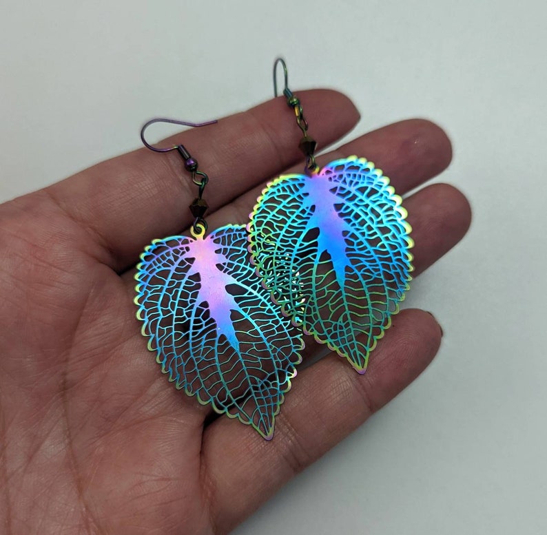 Rose Leaf Geometric Metallic Filigree Earrings with Custom Crystals: Electroplated Stainless Steel Rainbow Chrome image 6