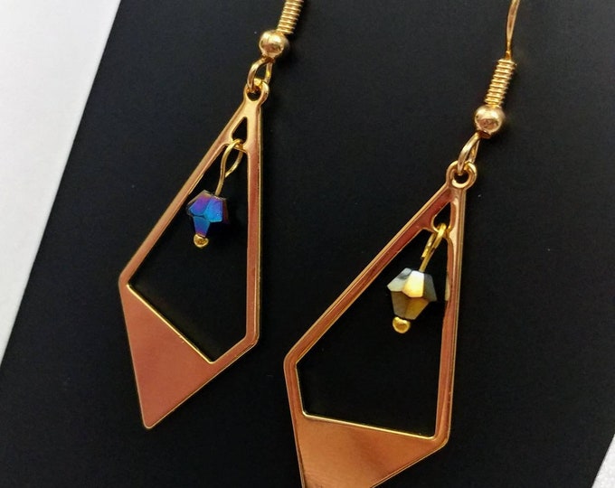 Gold Geometric Kite Shaped Angle Pendant Earrings: Custom Accent Crystal