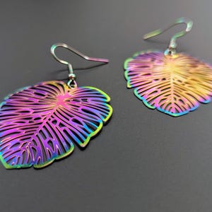 Rainbow Chrome Monstera Leaf Geometric Metallic Filigree Earrings: Electroplated Stainless Steel