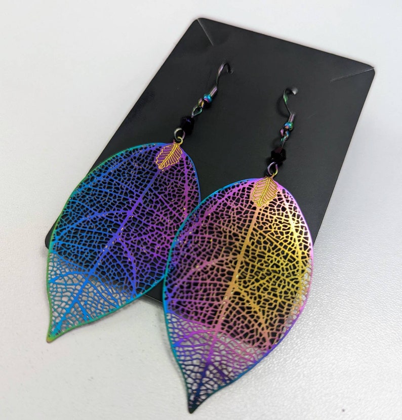 Cherry Tree Leaf Geometric Metallic Filigree Earrings with Custom Crystals: Electroplated Stainless Steel Rainbow Chrome image 8