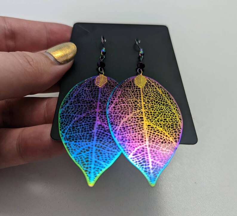 Cherry Tree Leaf Geometric Metallic Filigree Earrings with Custom Crystals: Electroplated Stainless Steel Rainbow Chrome image 3