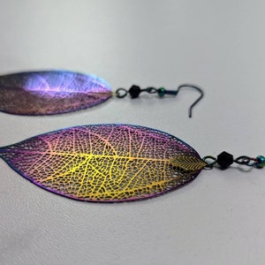 Cherry Tree Leaf Geometric Metallic Filigree Earrings with Custom Crystals: Electroplated Stainless Steel Rainbow Chrome image 5