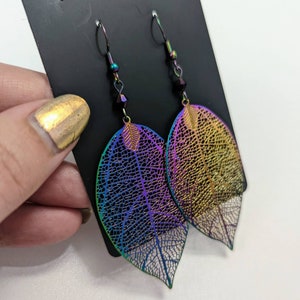 Cherry Tree Leaf Geometric Metallic Filigree Earrings with Custom Crystals: Electroplated Stainless Steel Rainbow Chrome image 2