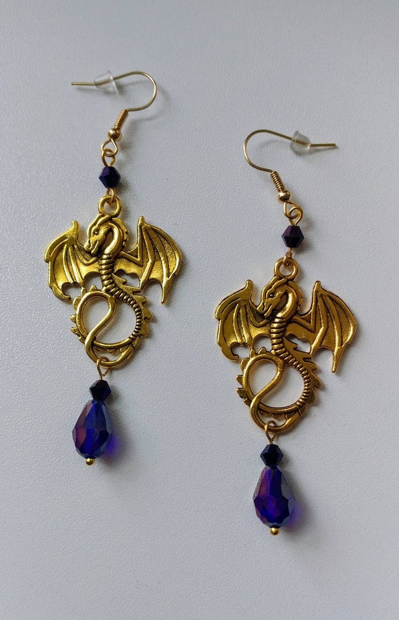 Fantasy Dragon Custom Crystal Earrings: Gold image 2