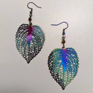 Rose Leaf Geometric Metallic Filigree Earrings with Custom Crystals: Electroplated Stainless Steel Rainbow Chrome image 4