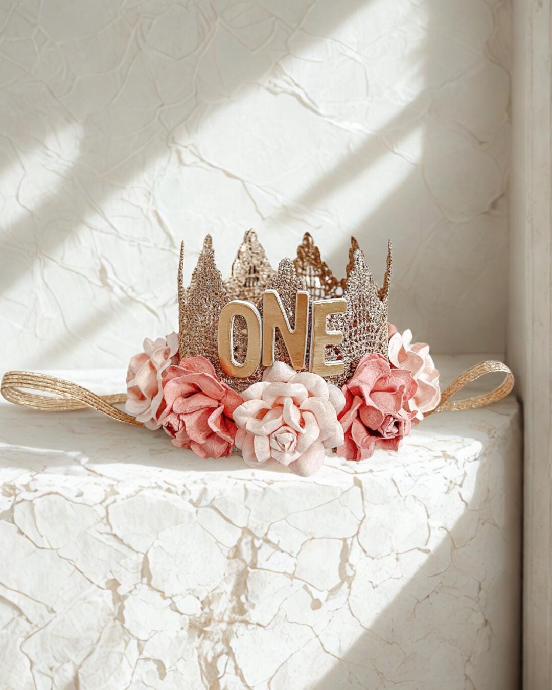 First Birthday Crown | Blush Pink Baby Girl Cake Smash Crown | Lace 1st Birthday Tiara for Toddler Party | Gold Bday Hat | Turning Two