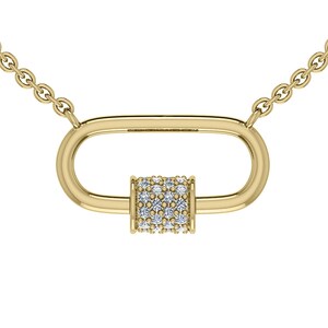 May include: A gold necklace with a diamond-encrusted oval pendant. The pendant is shaped like a carabiner clip.