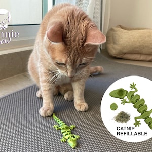 Lizard Cat Toy REFILLABLE ( Catnip, Valerian root or Silver Vine Refillable, comes WITH CATNIP ) Articulated and Interactive toy