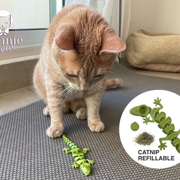 Lizard Cat Toy REFILLABLE ( Catnip, Valerian root or Silver Vine Refillable, comes WITH CATNIP ) Articulated and Interactive toy