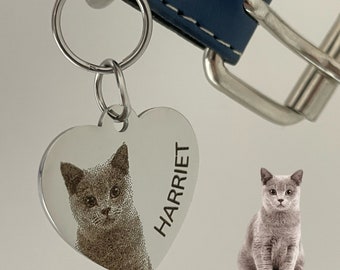 Personalized Pet Portrait Tag, Plated Brass - GOLD / SILVER , Picture Pet, Dog, Cat ID - Heart Shape