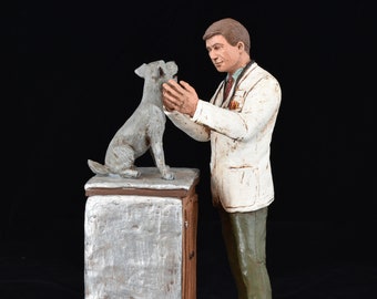 Michael Garman Signed Sculpture, Dog getting Checkup at Veterinarian Clinic with Veterinarian Doctor