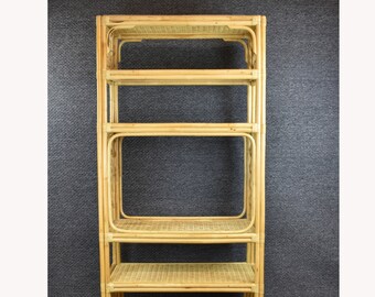 Mid-Century Modern Bamboo / Rattan 5 Tier Etagere Wood Shelves Rattan Wrapped