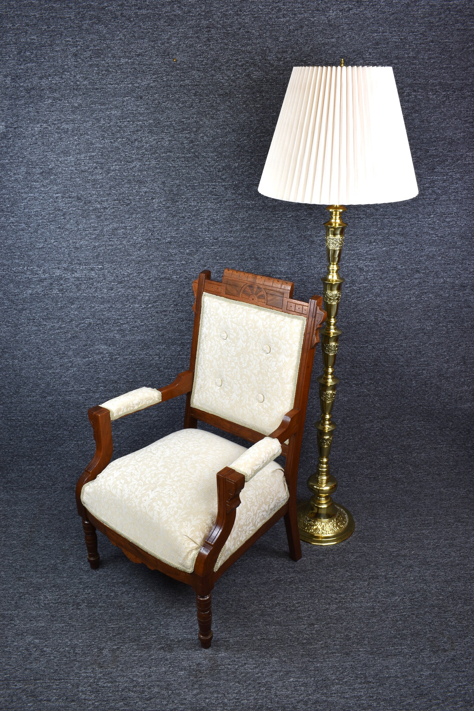 Antique Victorian Eastlake Armchair Carved Walnut Tan Upholstered