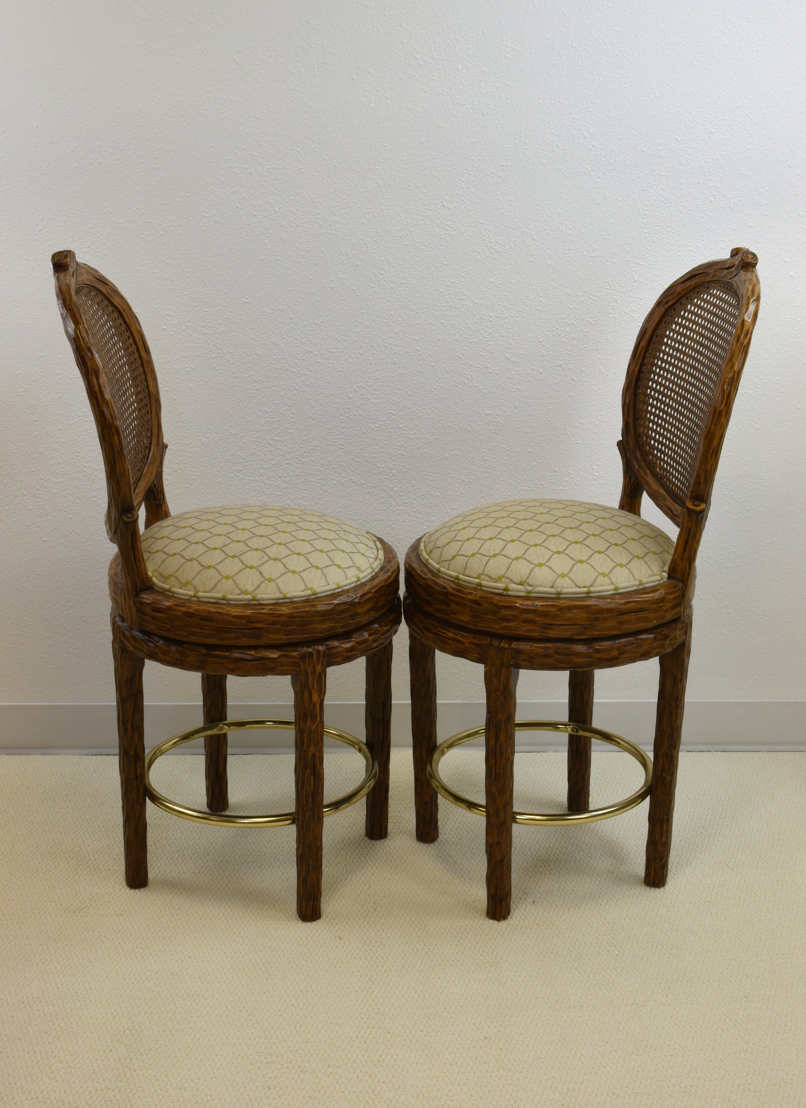 French Country Low Counter Bar Stools Cane Back Swivel Seats Upholstery