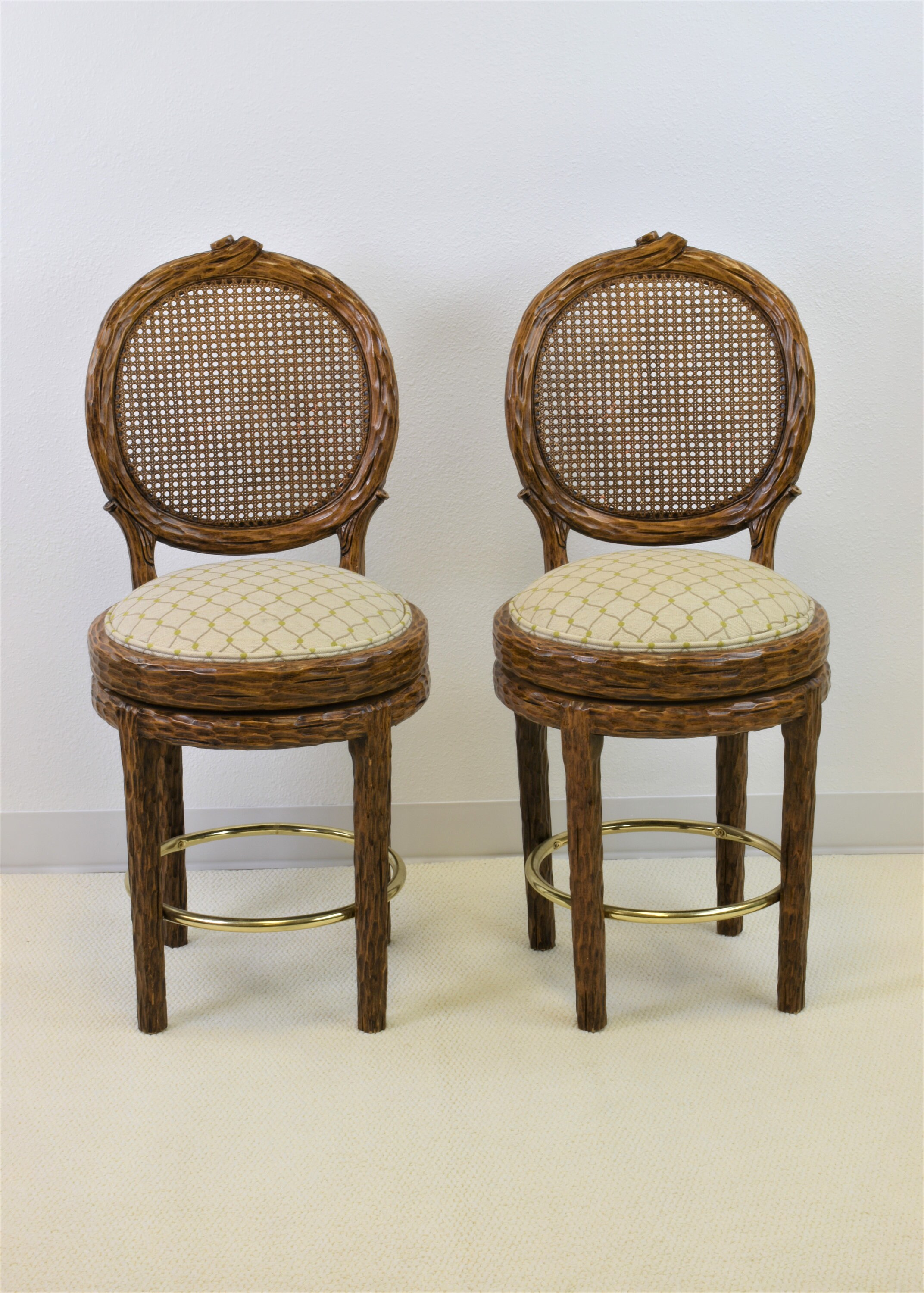 French Country Low Counter Bar Stools Cane Back Swivel Seats Upholstery Metal Gold Footrest Etsy