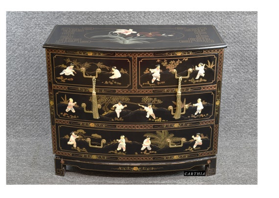 Chinoiserie Accent Chest: Mother of Pearl Inlay, Black Lacquer, Gold Gilt