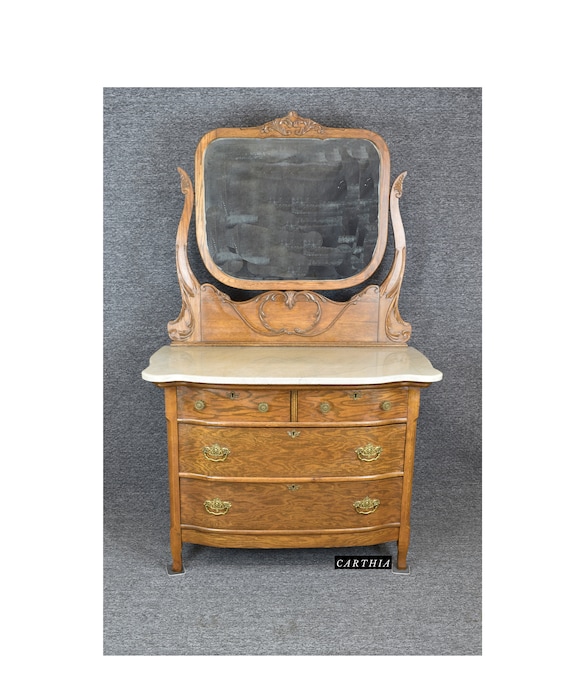 Antique Serpentine Marble Top Tiger Oak, Tiger Oak Dresser With Oval Mirror