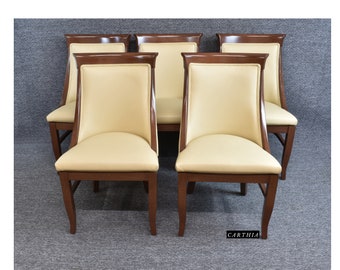 Modern High Back Elegant Sloping Arms Wood Trim Beige Leatherette Upholstery Trim Five Dining Chairs