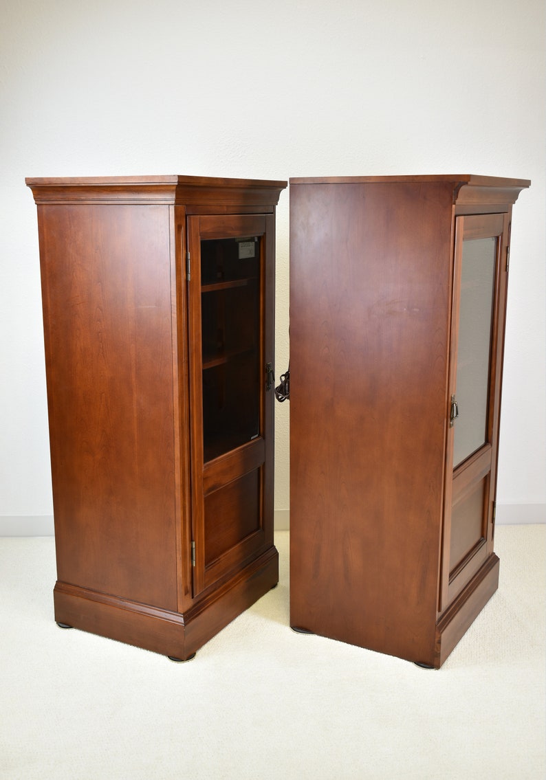 Vintage Hardwood Media Storage Towers With Bevel Glassfaced Doors