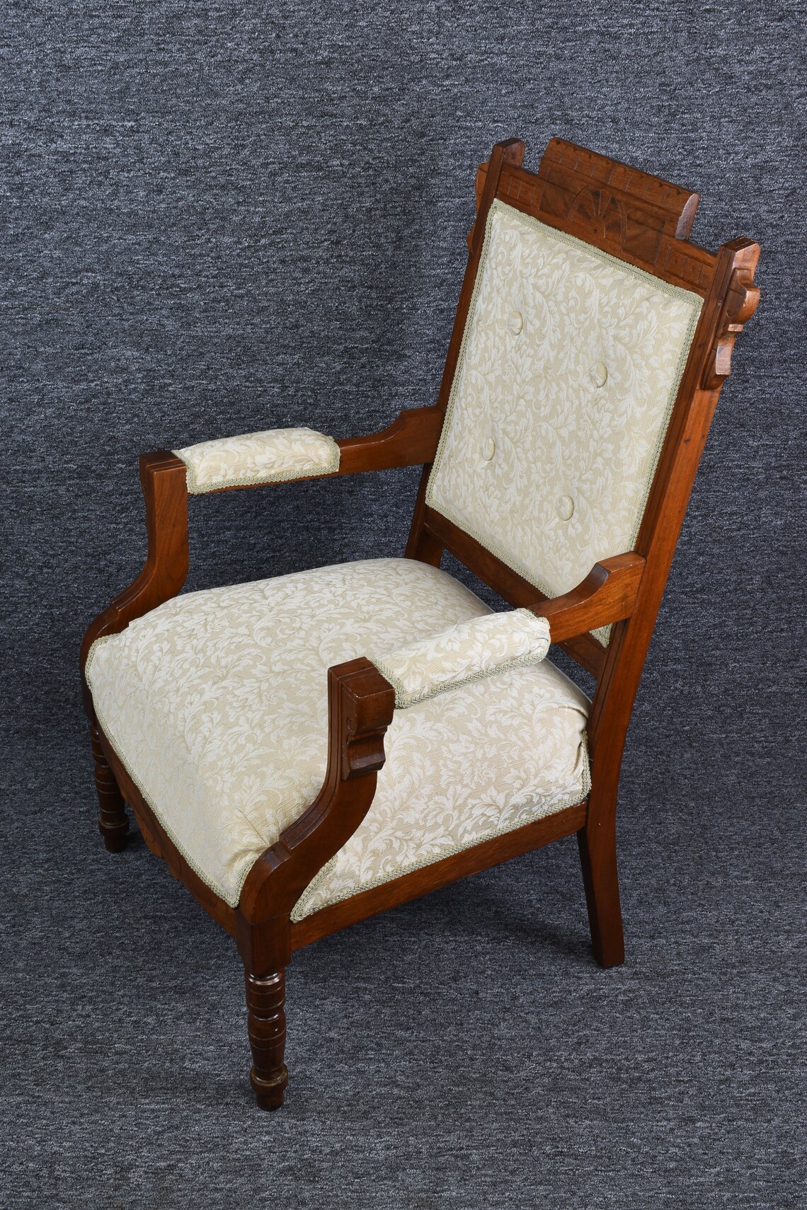 Antique Victorian Eastlake Armchair Carved Walnut Tan Upholstered