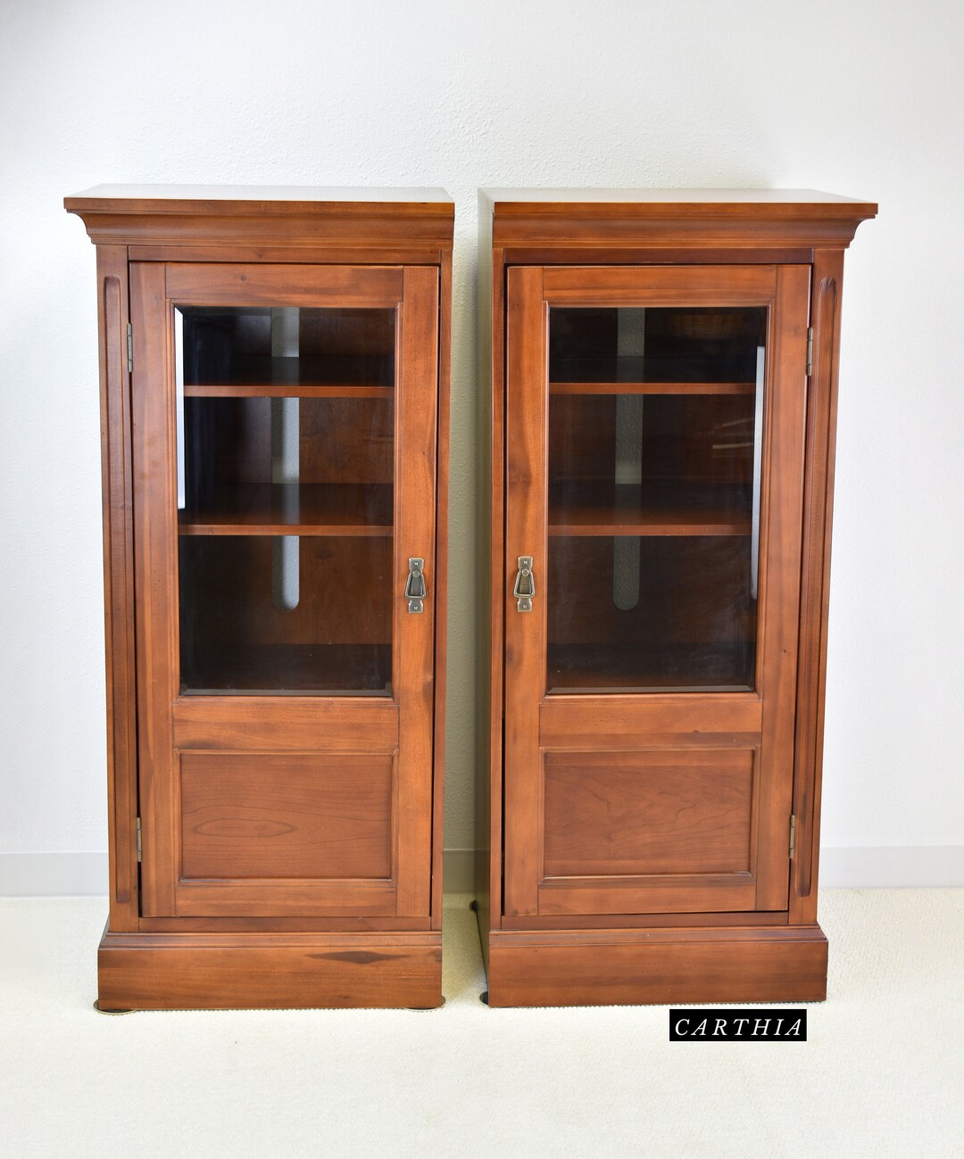 Vintage Hardwood Media Storage Towers With Bevel Glassfaced Doors