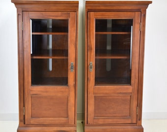 Vintage Hardwood Media Towers: Bevel Glass Doors, CD Storage - Pair