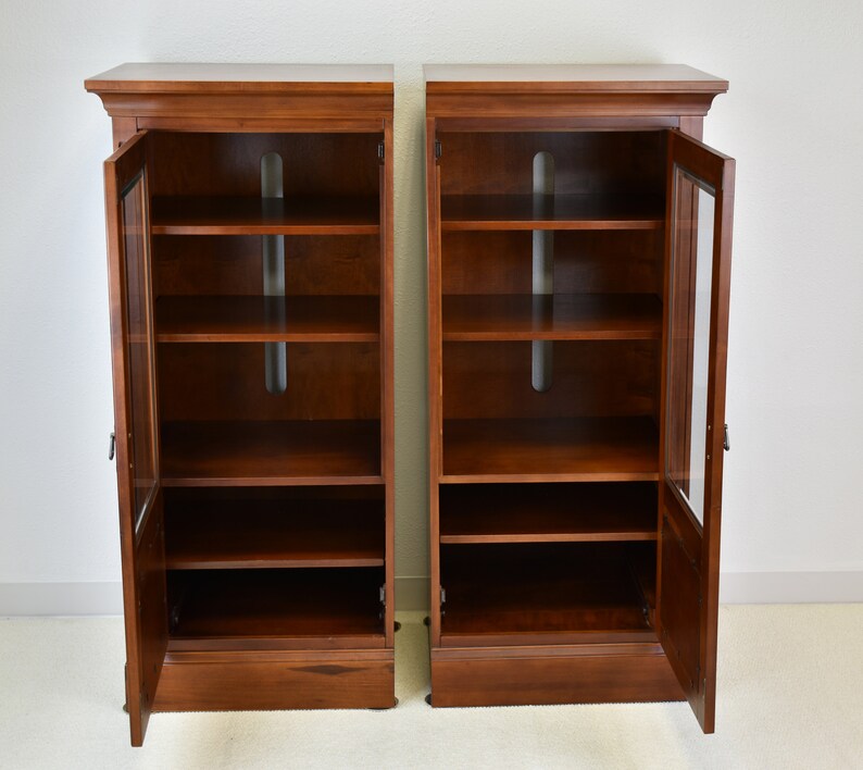 Vintage Hardwood Media Storage Towers With Bevel Glassfaced Doors