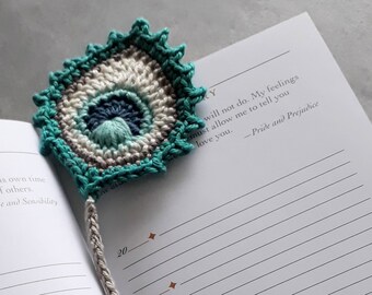 Bookmark PEACOCK FEATHER - crocheted, gift for starting school