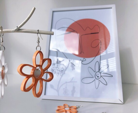 Minimalist Peachy Earrings Line Drawing Print and Colourful Peach Flower Earrings Artist Collaboration A4 Print and Earrings Gift Set