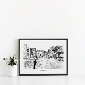 Delph Village Sketch, A4 Drawing, Black and White Sketch, Wall Art, Wall Decor, Home Decor