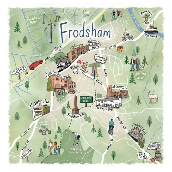 Map Of Cheshire Villages Frodsham Illustrated Map Square Art Print Cheshire Village | Etsy