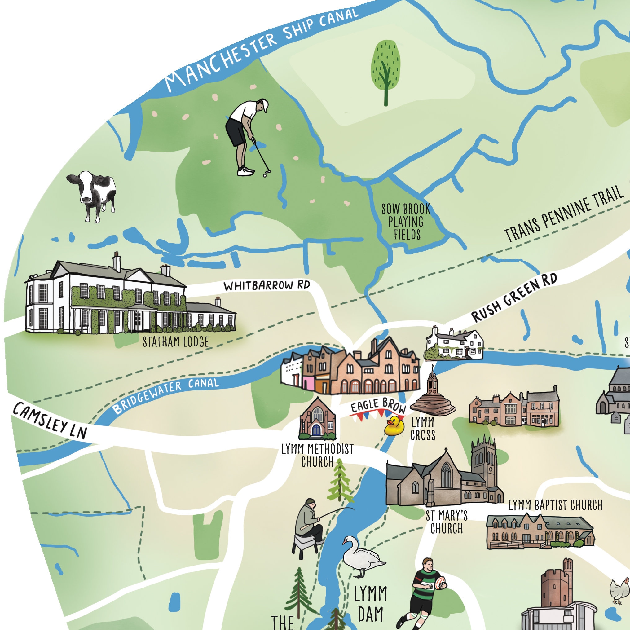 Lymm Illustrated Map, A4/A3 Art Print, Personalised Cheshire Map Print