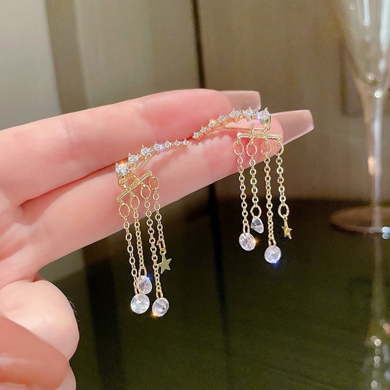 Crystal Star Tassel Chain Dangle Drop Earrings For Etsy