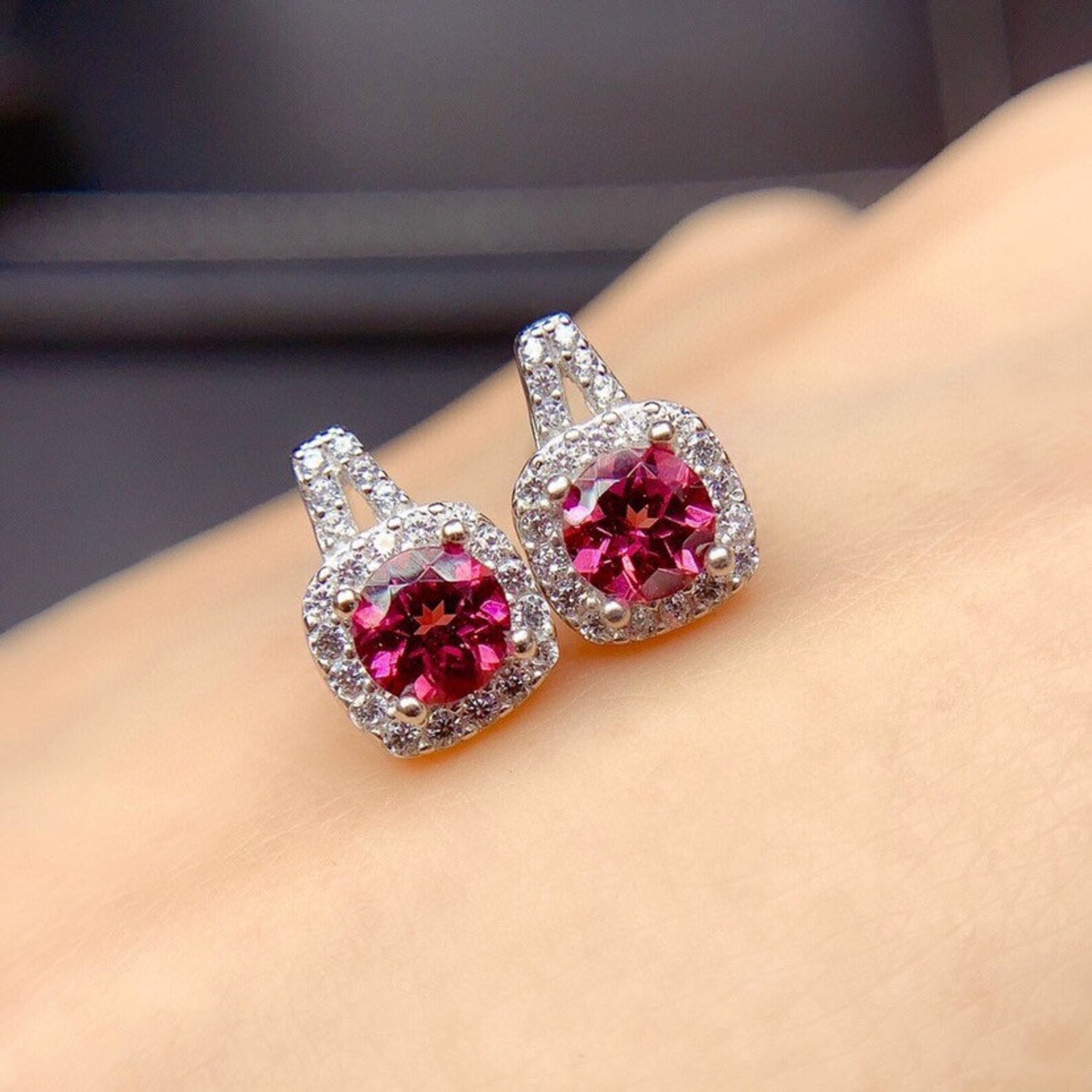 18K White Gold Plated Ruby Stud EarringsRuby EarringsWomen | Etsy