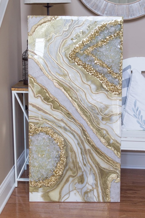 picture Resin Sculpture Artists original 24x48 geode resin artwork gilded glow geode resin art gold pearl and white 3d wall art gold and white geode art marble art