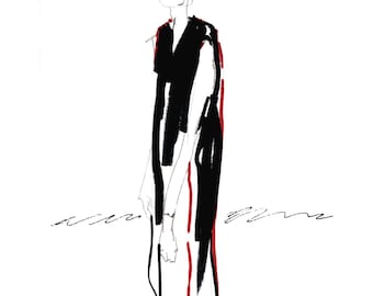 Illustration de mode robe noire | Dessin à l'encre gras | Téléchargement d'art mural imprimable