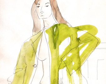Croquis de trench-coat vert | Impression d'art mode aquarelle | Décoration murale minimaliste chic