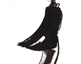 Illustration minimaliste de mode à l'encre noire, esquisse d'une silhouette féminine chic, art mural avant-gardiste, dessin abstrait moderne (numérique)