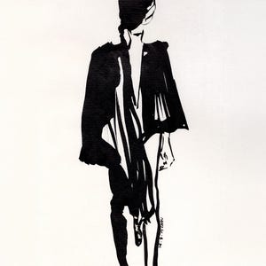 May include: A black and white ink illustration of a person in a stylish outfit. The figure is depicted in a flowing coat or jacket, with vertical lines suggesting a layered garment underneath. The artwork has a minimalist, fashion-forward aesthetic.