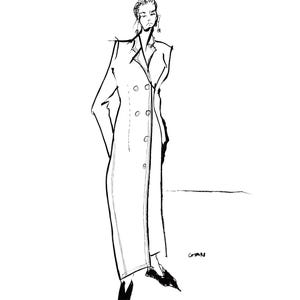 Boceto de moda de Celine / Dibujo lineal de abrigo largo / Impresión digital en blanco y negro