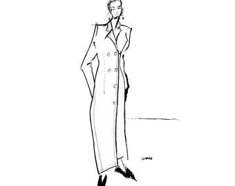 Croquis de mode de Céline | Dessin au trait pour manteau long | Impression numérique noir et blanc